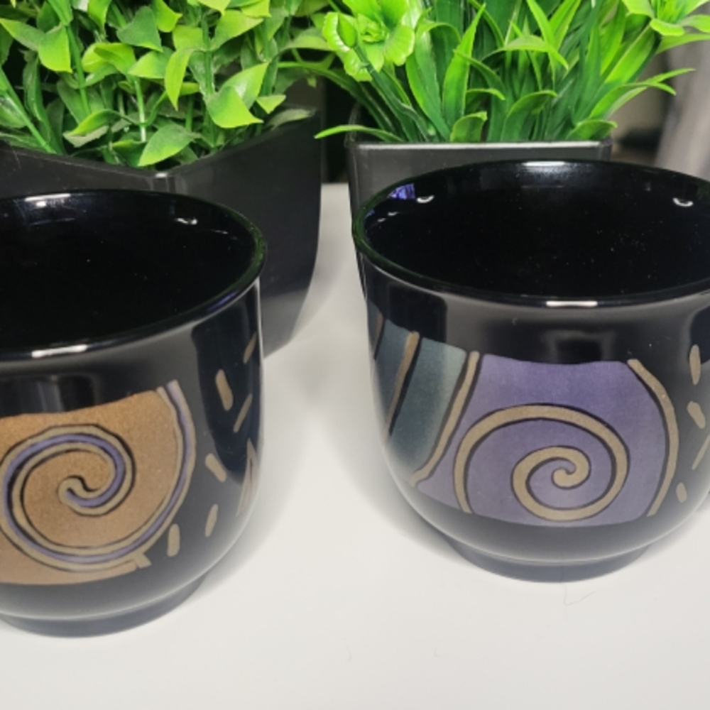 Vintage Arcoroc France Black Glass Teacups- Abstract Design - Set of 2 Retro 80s